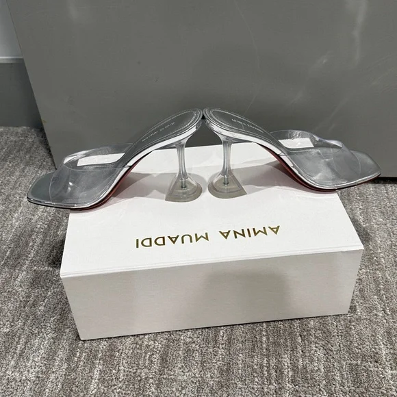Amina Muaddi Lupita glass clear slipper plexi Silver pvc leather Heels - Picture 4 of 8